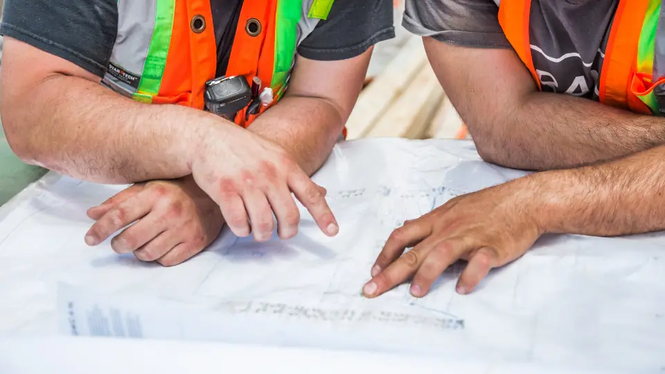 Team in reflective vests reviewing a blueprint on a table