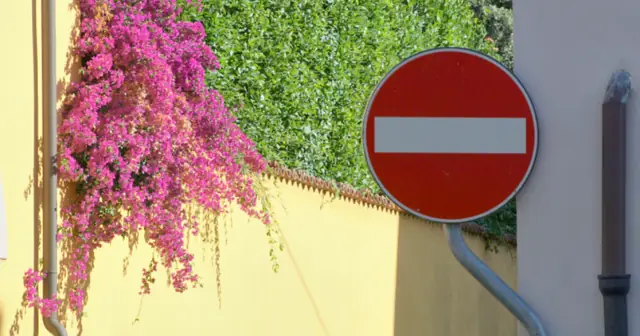 No-entry sign on a wall with flowers